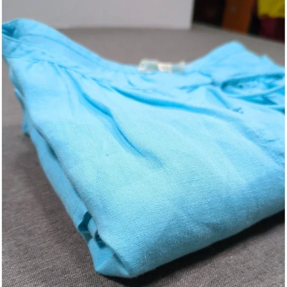 Eileen Fisher Irish Linen Tunic Blue Split Top Neck Tie 3/4 Sleeve Womens PM - Picture 2 of 15